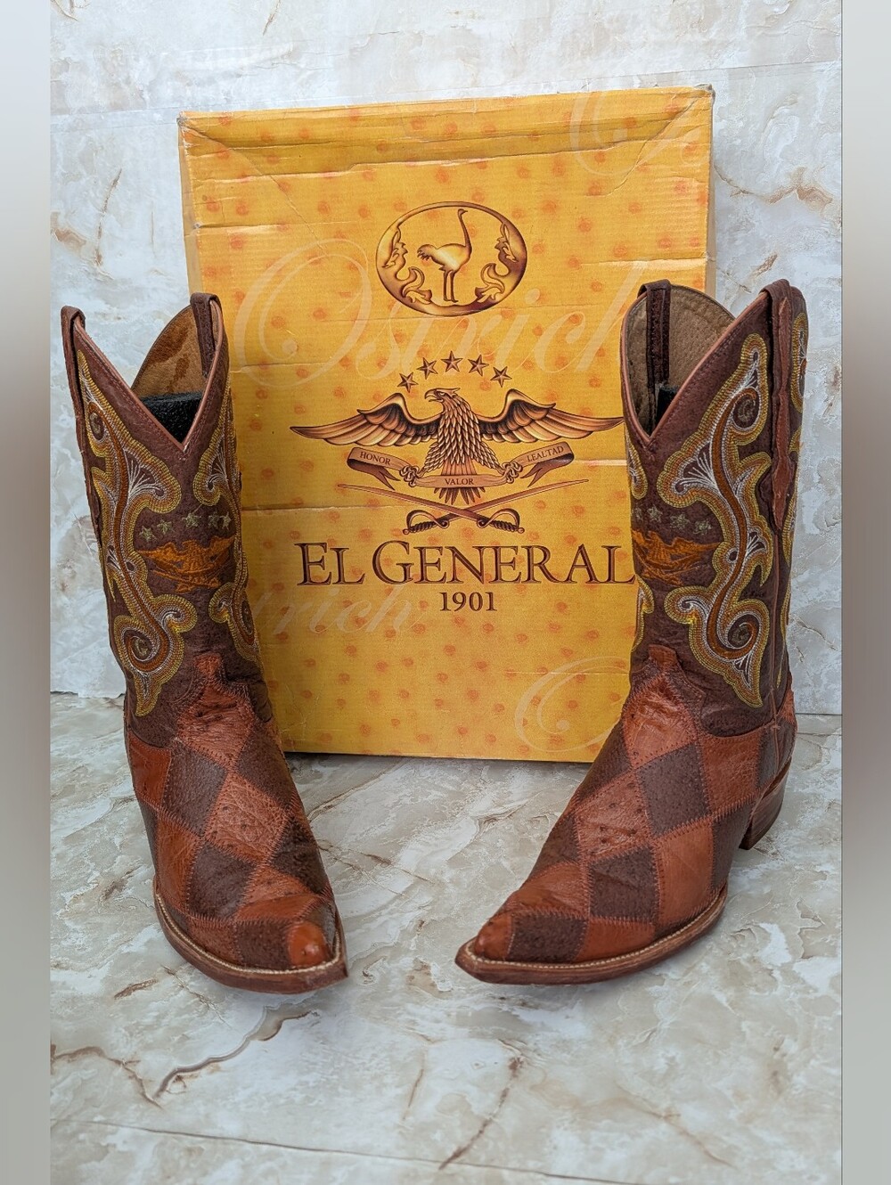 El General Brown Patchwork  Cowboy Boots with Embroidered Shaft Men Sz 8